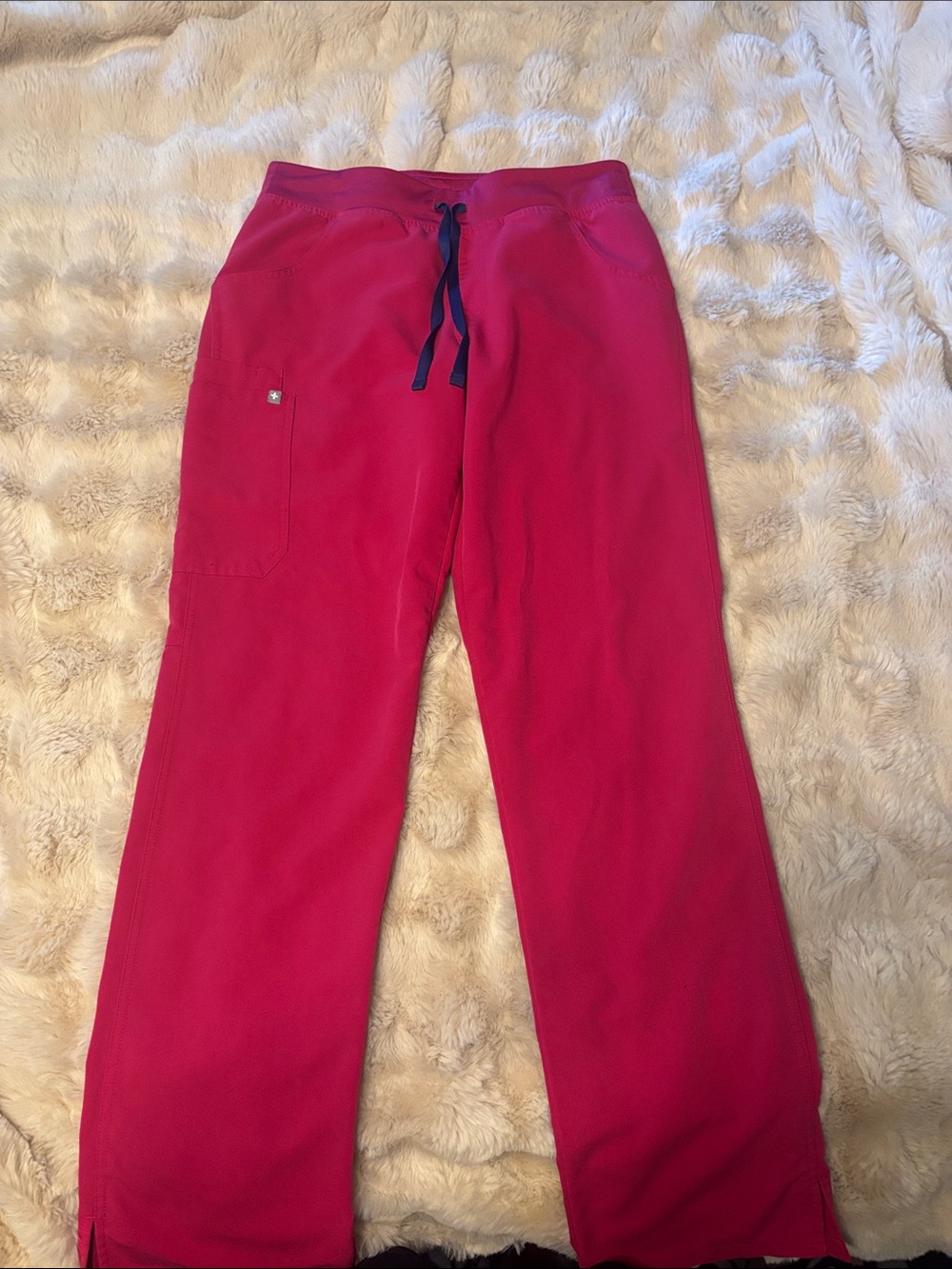 Figs Women's Scrub Pants in Bright Pink with Navy Drawstring medium tall